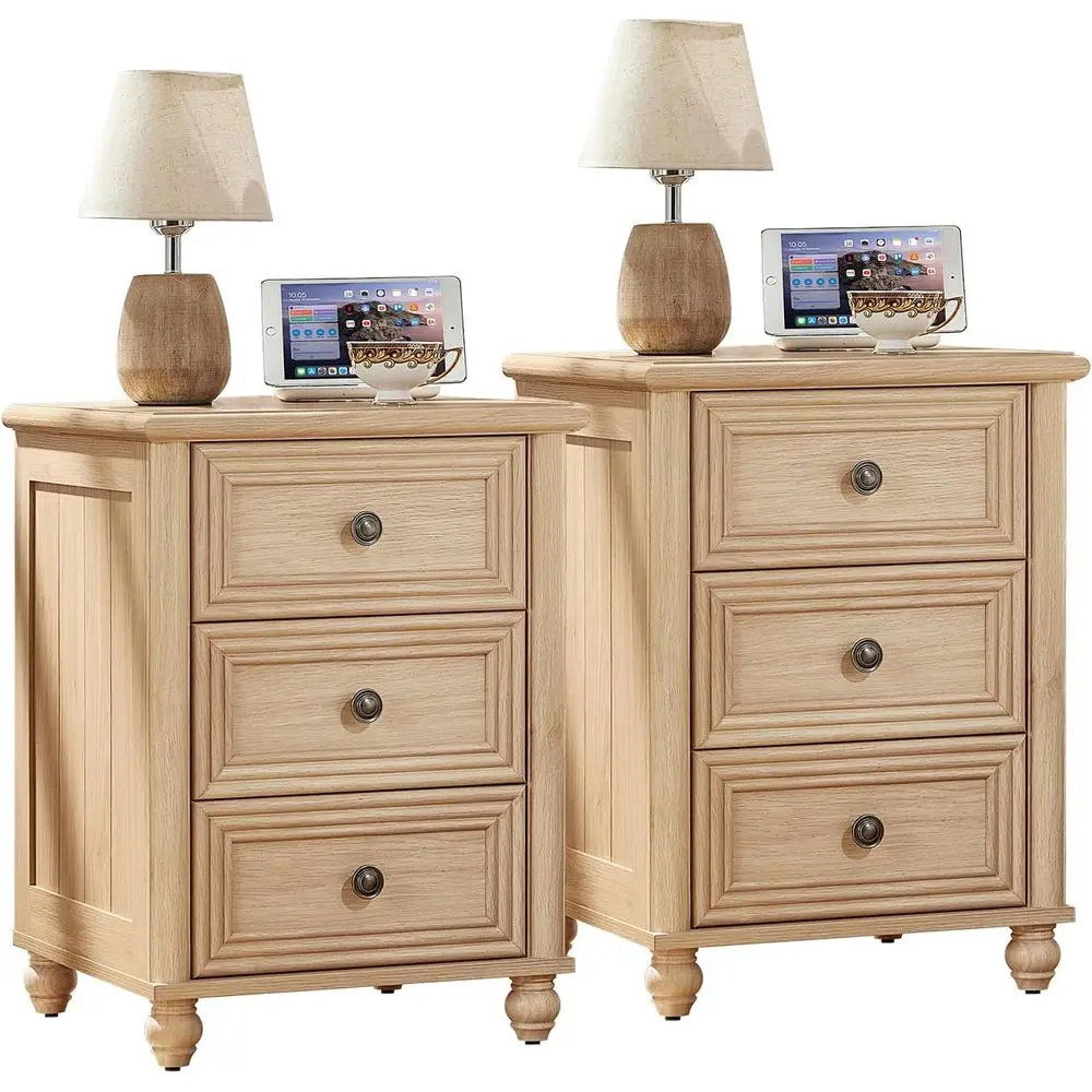 

18" armhouse Night Stand Set o 2, Natural Wood Nightstand with 3 Ders, Bede End Table with Storage and Column, Bed Side Tables C