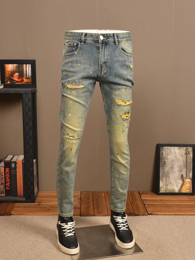 Retro Nostalgic Ripped Jeans Men's Street Design Stretch Tight Distressed Spray Paint Trendy Trousers