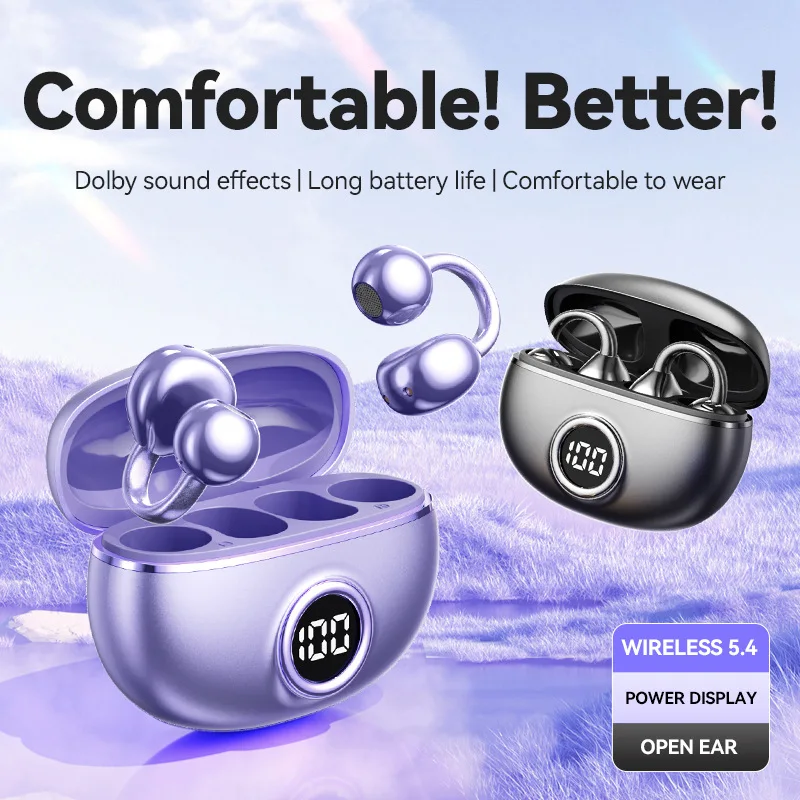 Sport Headset Headphone TWS Wireless Bone Conduction HIFI Bluetooth 5.4 Earbuds Clip On Ear With Mic Digital Display Waterproof