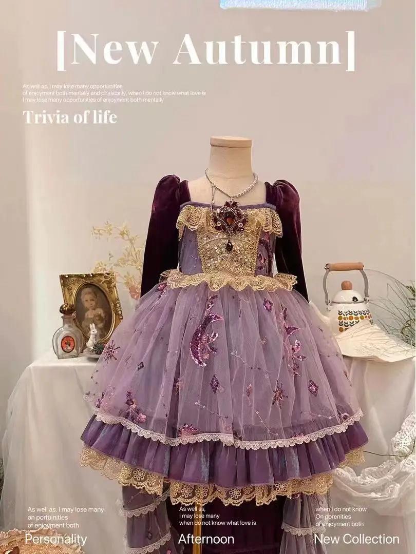 Children's Halloween Princess Cosplay Party Dress Summer Fashion Back Bow Mesh Tail (Detachable) Purple Girl Cake Dress Clothing