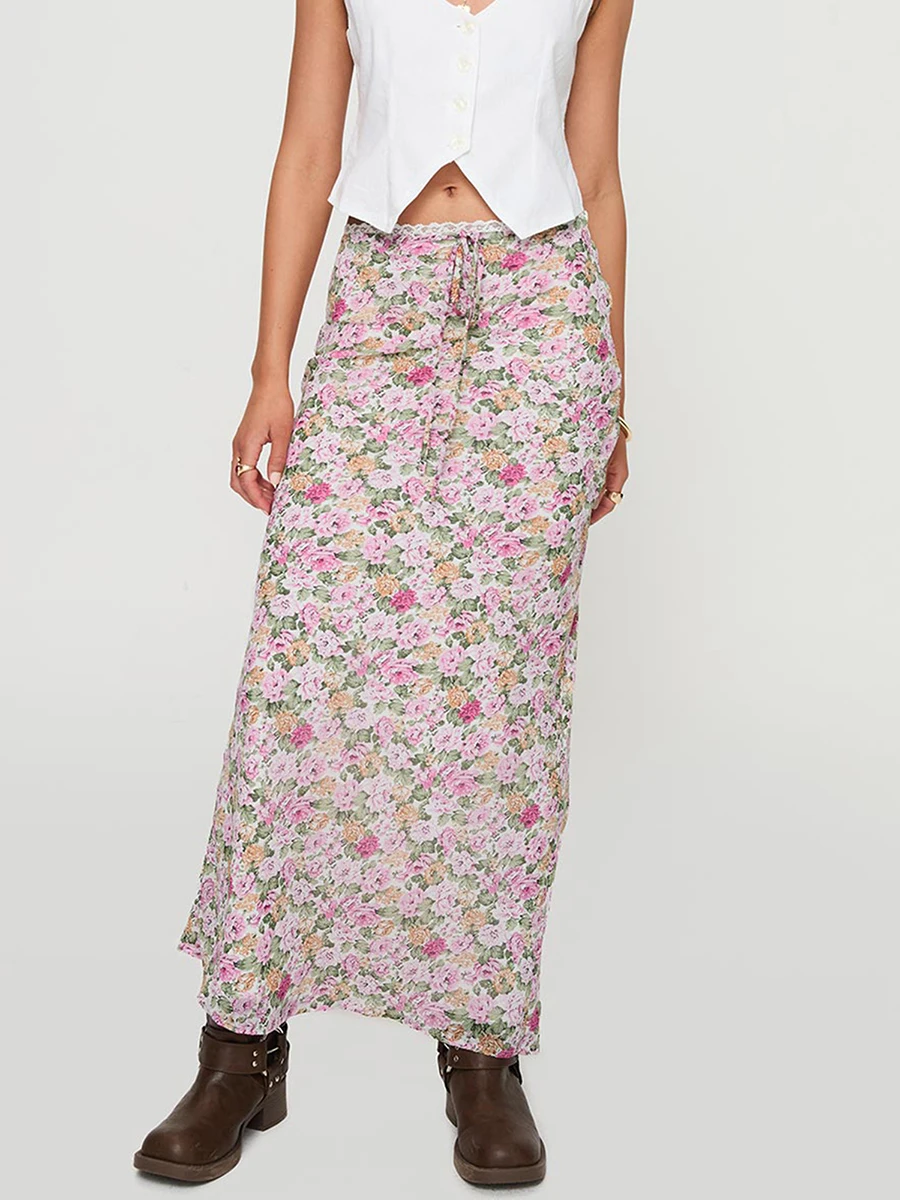 

New Fashion Women's Long Skirt Casual Slim Lace Trim Floral Print Drawstring Skirt for Summer