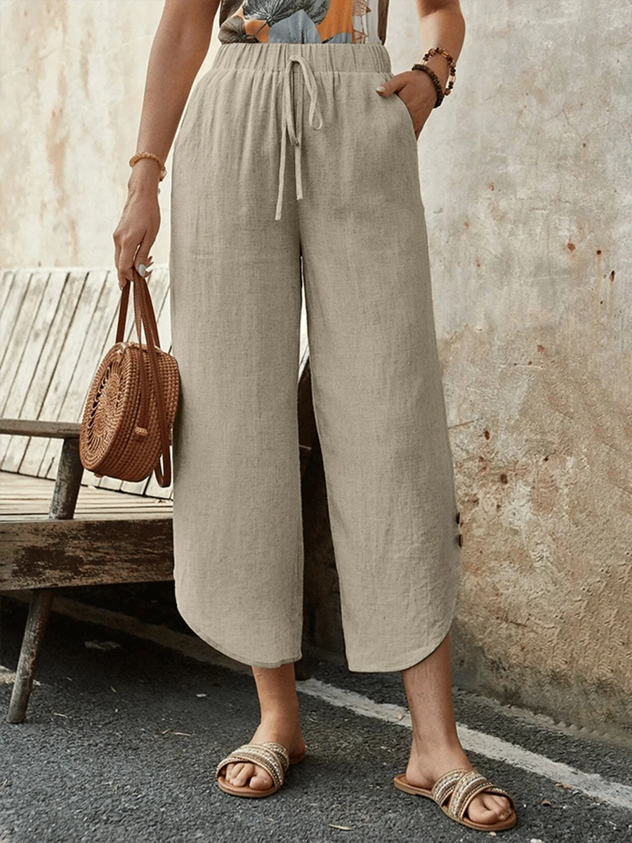 Women Summer Cotton Linen Capri Pants Casual Elastic Waist Drawstring Wide Leg Trousers Loose Vintage Cropped Pants Pockets