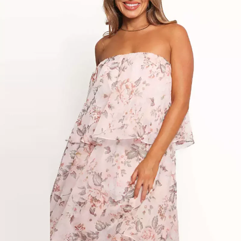 Sexy peito envolvendo vestido de banquete verão novo fora do ombro sem mangas em camadas vestido moda floral impresso babados vestido de noite