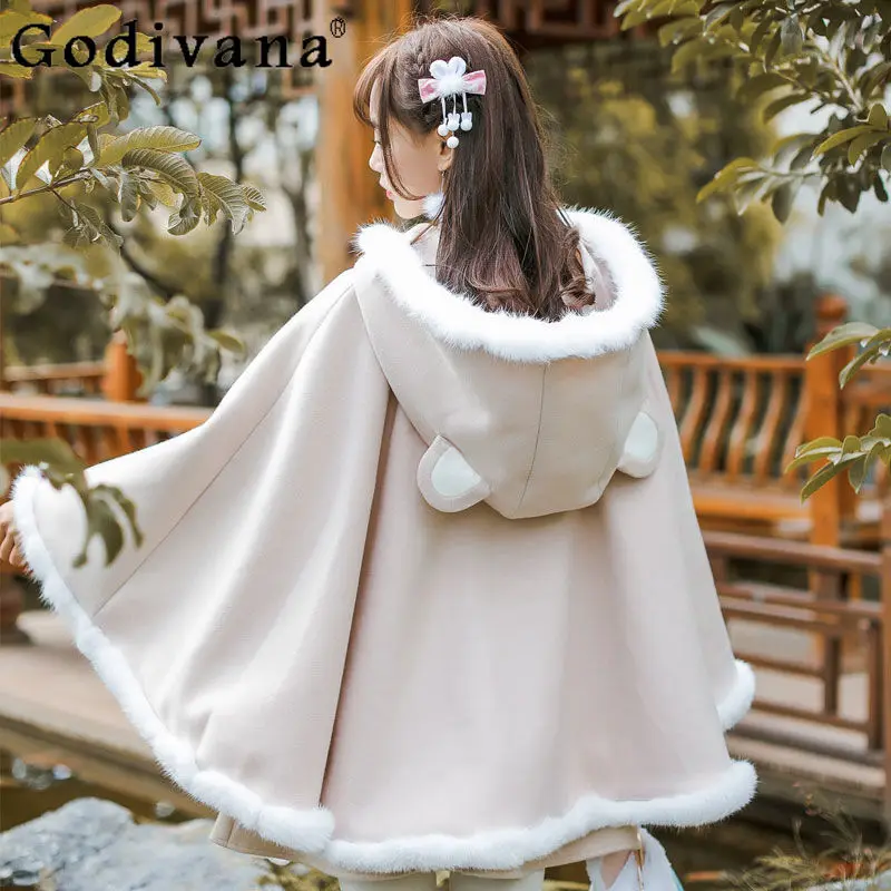 

Women's Lolita Capes Sweet Cute Girls Buckle Hooded Cloak Loose Large Size Ponchos Coat Mujer Autumn and Winter New 2024