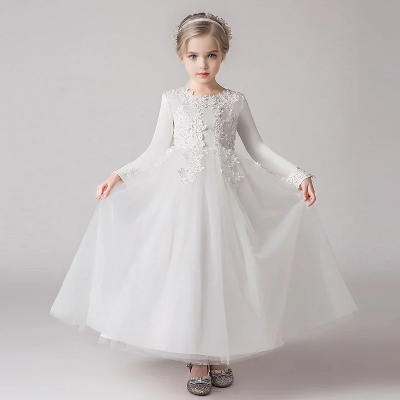 

Flower Girl Wedding Long Sleeve Bridesmai Dress Teenage Girls White Baptismal Clothes Kids Birthday Party Princess Dress Easter