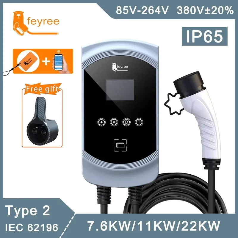 feyree EV Charger 32A 7.6KW Type2 Cable Car Charger EVSE Wallbox 11KW 22KW 3Phase IEC62196-2 Socket APP Control for Electric Car