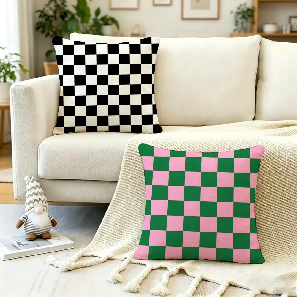 Merchandise Anime Checkerboard Cushion Cover Anti-Dustmite Pillowcase Invisible Zipper Silky Short Plush Sofa Cushion Cover