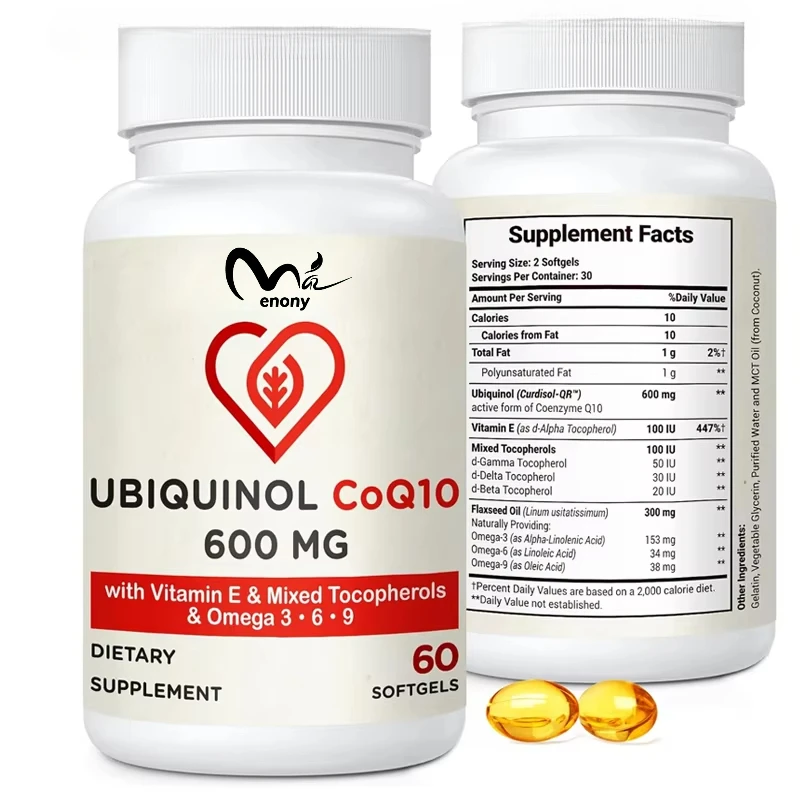CoQ10-600mg capsules, active coenzyme Q10 panthenol supplement, containing vitamin E and Omega 3,6,9 antioxidants