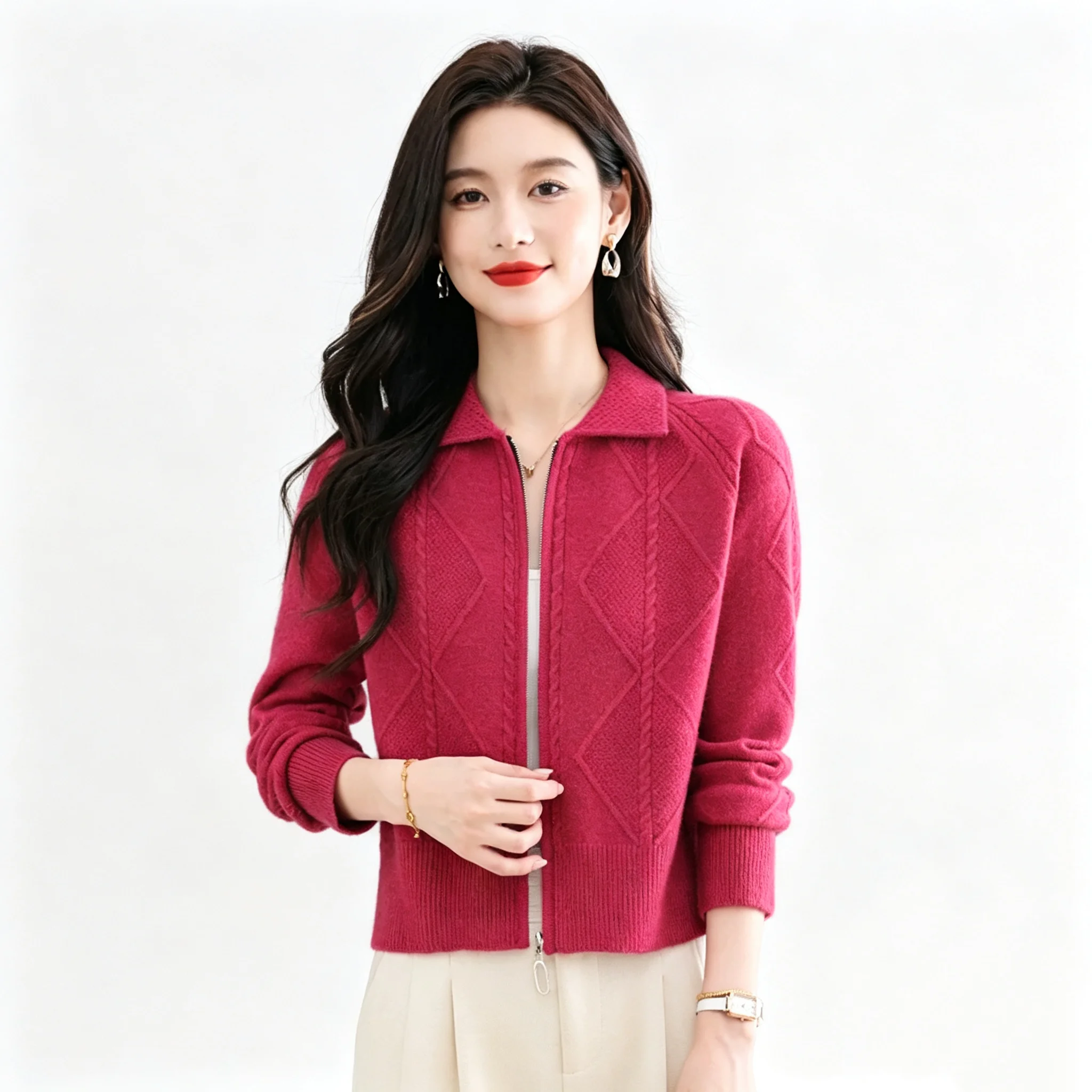 Women Lapel Collar Zip‑Up Knit Cardigan Knit Tops Long Sleeve Cropped Sweater Coat Soft Warm Casual Outerwear For Autumn Winter