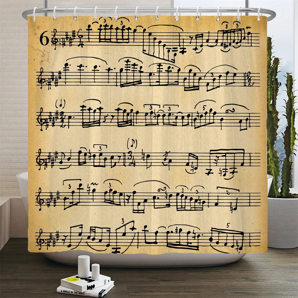 200x180cm Bathroom Waterproof Shower Curtain Simple Art Music Notes Pattern Printed Polyester Home Decoration Curtain With Hooks