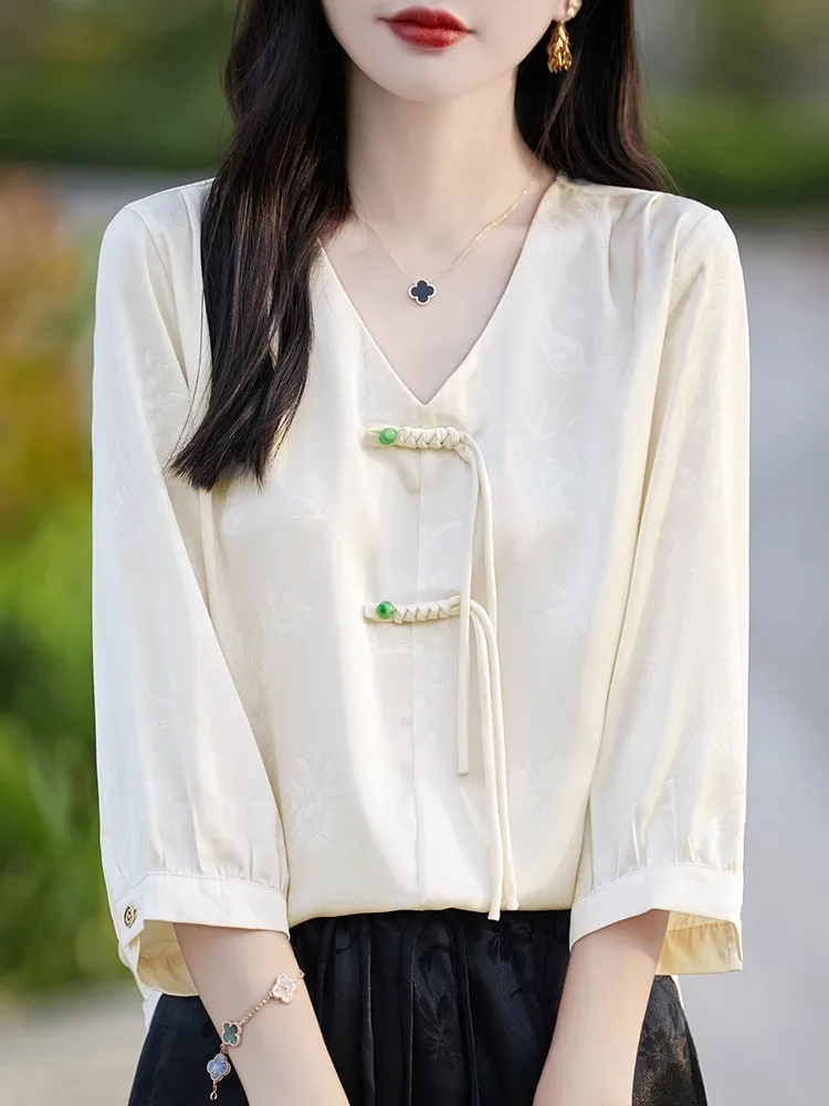 Ele ort Sve Women's Top Silk Tussah Embroidery Button  Haute Couture Summer Fine Chinese Sle V-ne T-irt