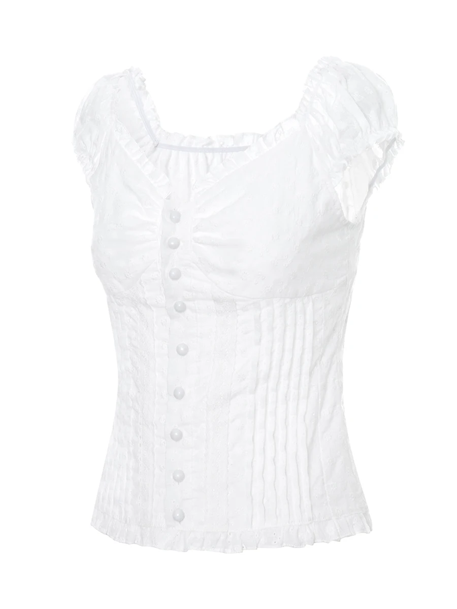 y2k White Crop Top Button Ruffle Trim Tie up Short Sleeve T Shirt Women Fairycore Balletcore Chic Tee Summer Korean 90s Clothes