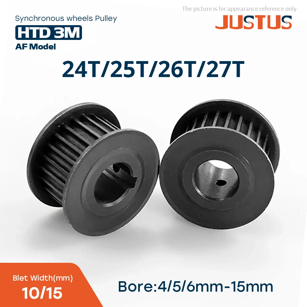 HTD 3M 24T-27 Teeth Black Steel Synchronous Wheels Bore 4-15mm AF Type Keyway Bore 3x1.4/4x1.8/5x2.3mm Timing Belt Width 10/15mm