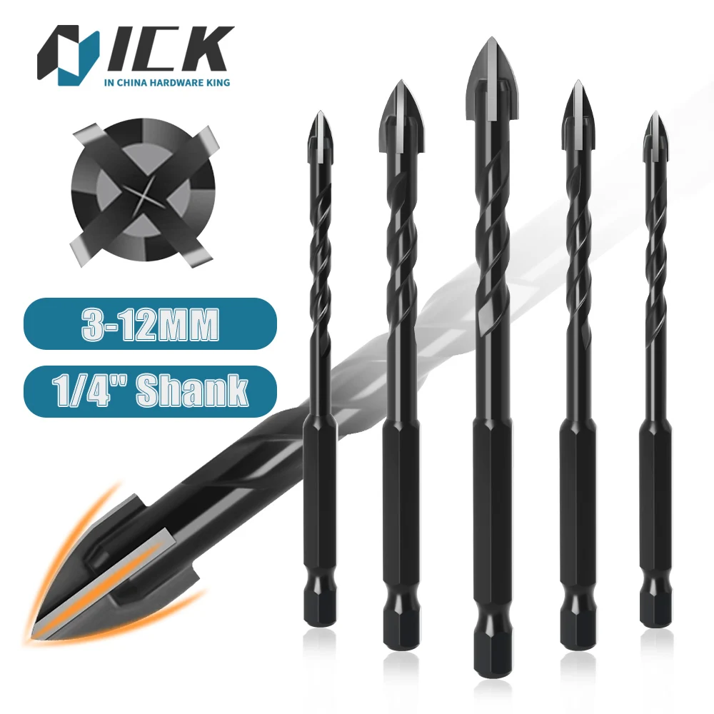 Cross Hex Tile Drill Bits Set for Glass Ceramic Concrete Hole Opener Brick Hard Alloy Triangle Bit Tool for DIY 3-12mm