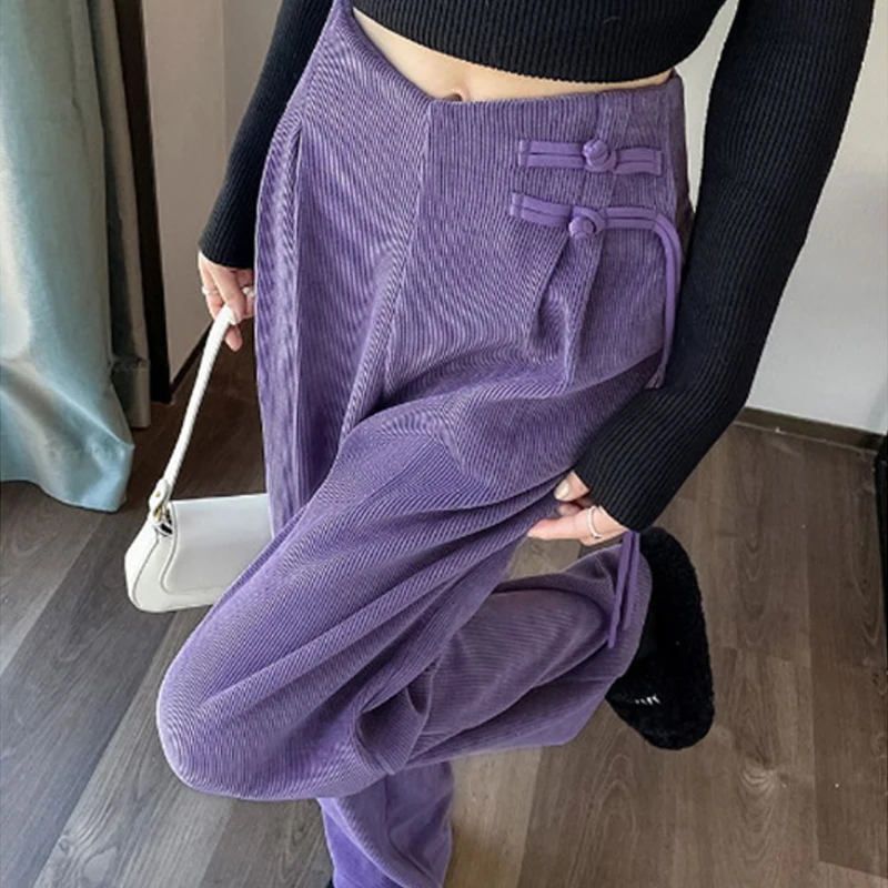 Women Thicken Chenille Fabric Straight Leg Pants Chinese Button Casual Wide-leg Trousers Autumn Winter With/without Velvet Pants