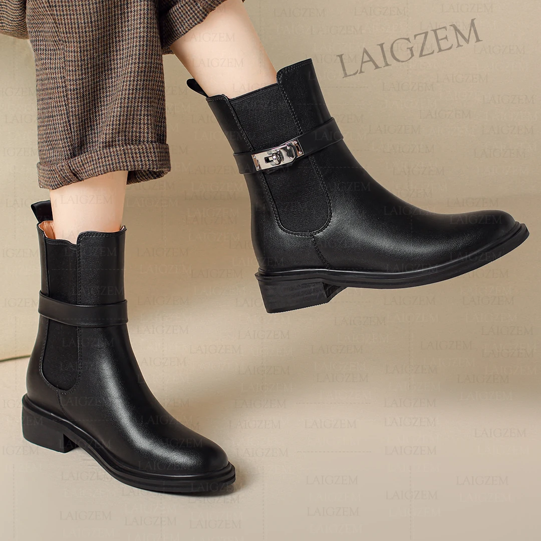 LAIGZEM Women Ankle Boots Real Leather 3.5CM Round Toe Thick High Heels Short Boots Handmade Shoes Woman Large Size 33 41 43 47