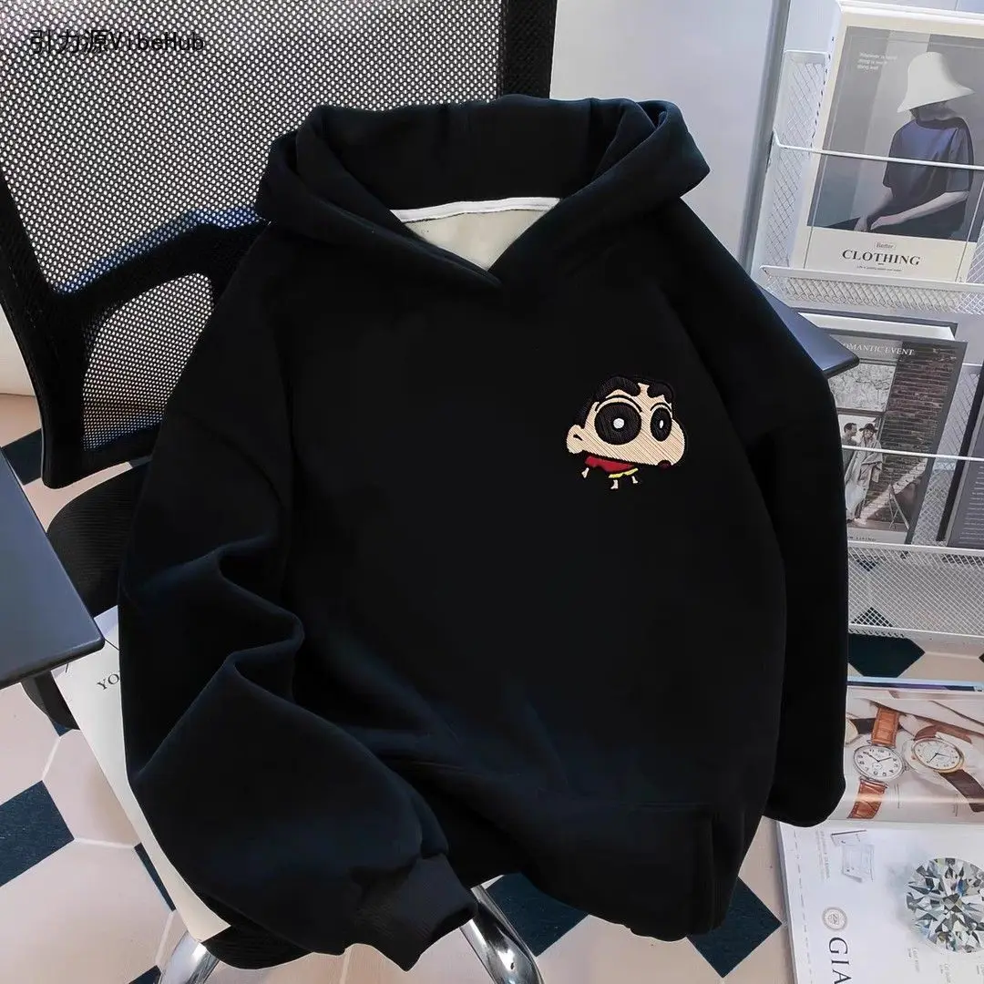 Cute Anime Crayon Shin-Chan Back Embroidery Hoodie Winter Warm Fleece Lined Oversized Hooded Pullover Couple Matching Sweatshirt view 6