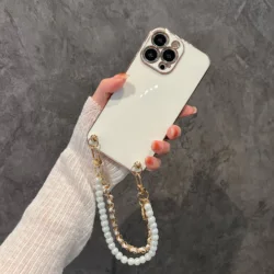 Japan Plating Pearl Leather Portable Bracelet Chain Soft Case For iPhone 15 14 13 12 11 Pro X XR XS Max Plus Luxury Back Cover