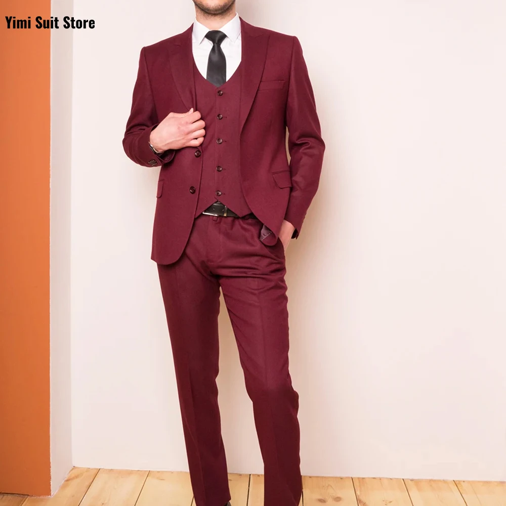 Roter Herrenanzug mit spitzem Revers und einem Knopf, lässig, geschäftlich, Hochzeit, Bräutigam, Party, Smoking, eleganter 3-teiliger Blazer, Jacke + Weste + Hose