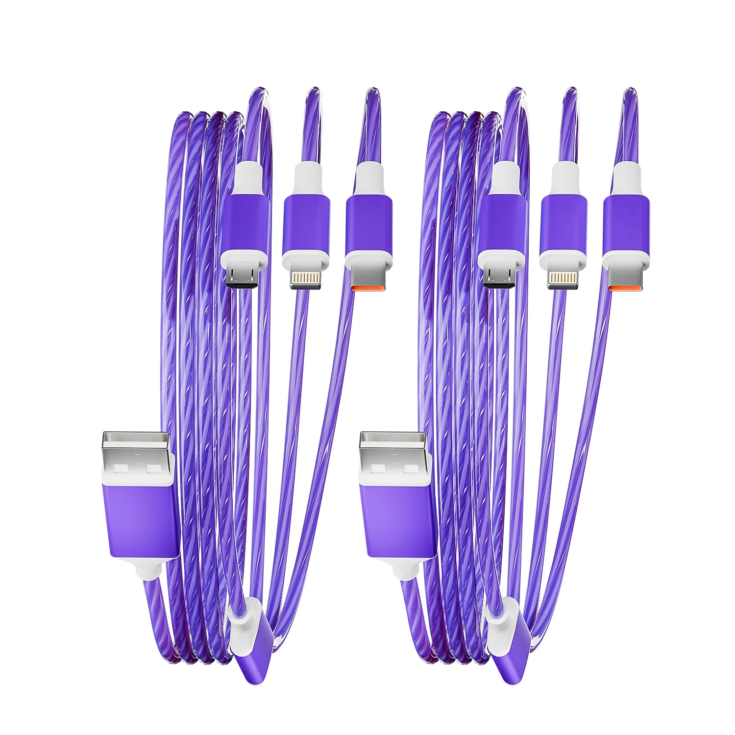 

2 шт., 4 фута, 3 в 1, светящийся USB-кабель для быстрой зарядки с портами Type-C, Micro USB, IP-портом для Iphone/для Samsung/для Huawei