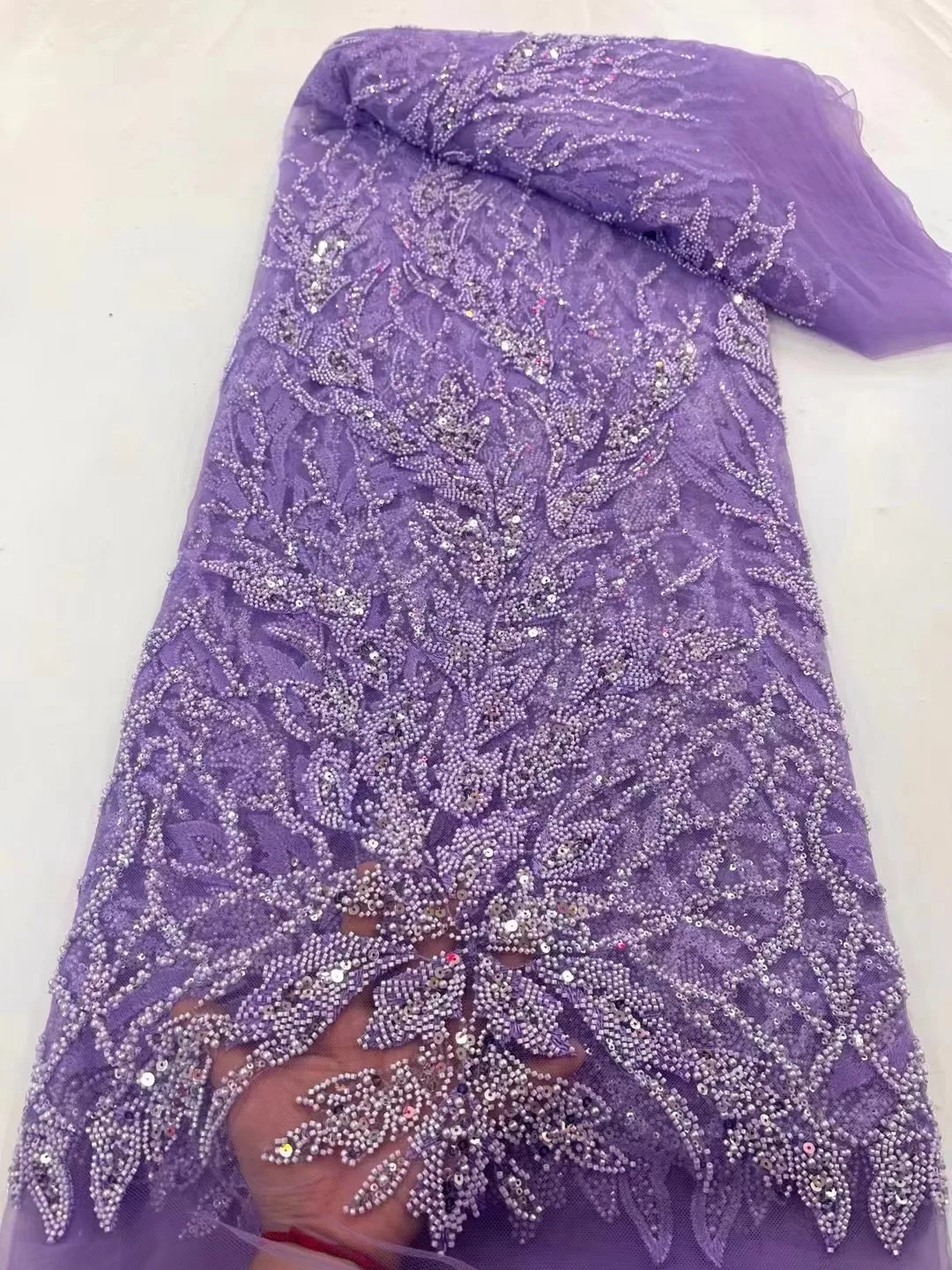 New Elegant African Beaded Tulle Lace Fabric 2022 High Quality Lace 5 Yards Nigerian Sequin Lace Material Fabric for Wedding Sew