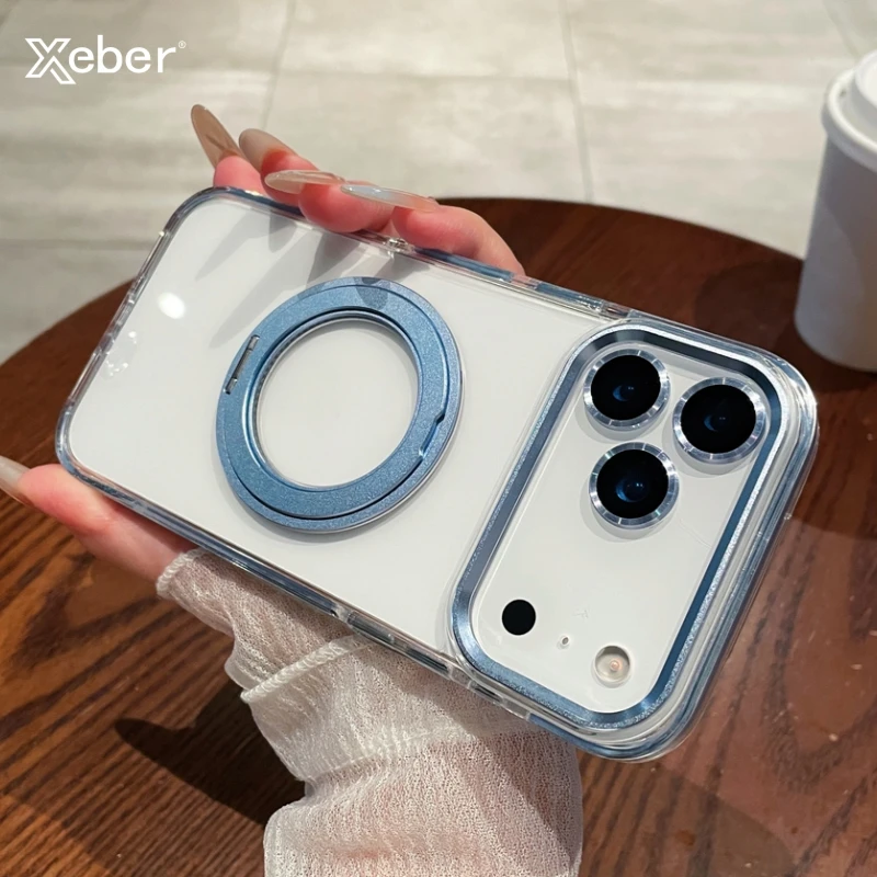 Für iPhone 17 Air 16 Pro Max Transparent Für Magsafe Magnetische Rotierenden Halter Stehen Fall Für iPhone 12 13 14 15 Plus Rahmen Abdeckung