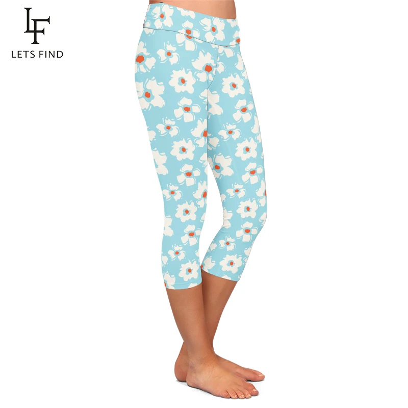 LETSFIND Legging Kapri Wanita Desain Bunga Ditarik Tangan Indah Print Sutra Susu Super Lembut Legging Ramping Pinggang Tinggi