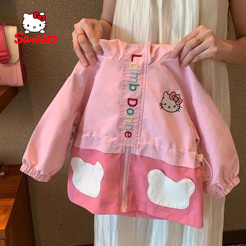 Kawaii Hello Kitty Jacket Children Cartoon Hooded Interchange Jacket Kt Cat Embroidered Long Sleeves Tops Windproof Coat Girls