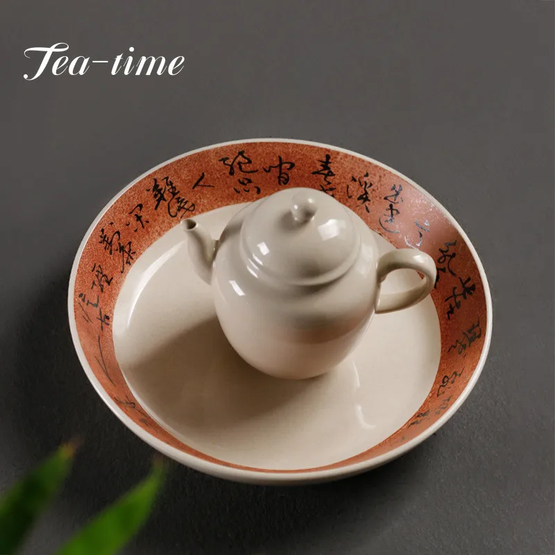 

Boutique Hand-painted Poetry Art Ceramic Pot Bearing Handmade Plant Ash Glaze Large Cover Bowl Bearing Snack Fruit Plate Trays