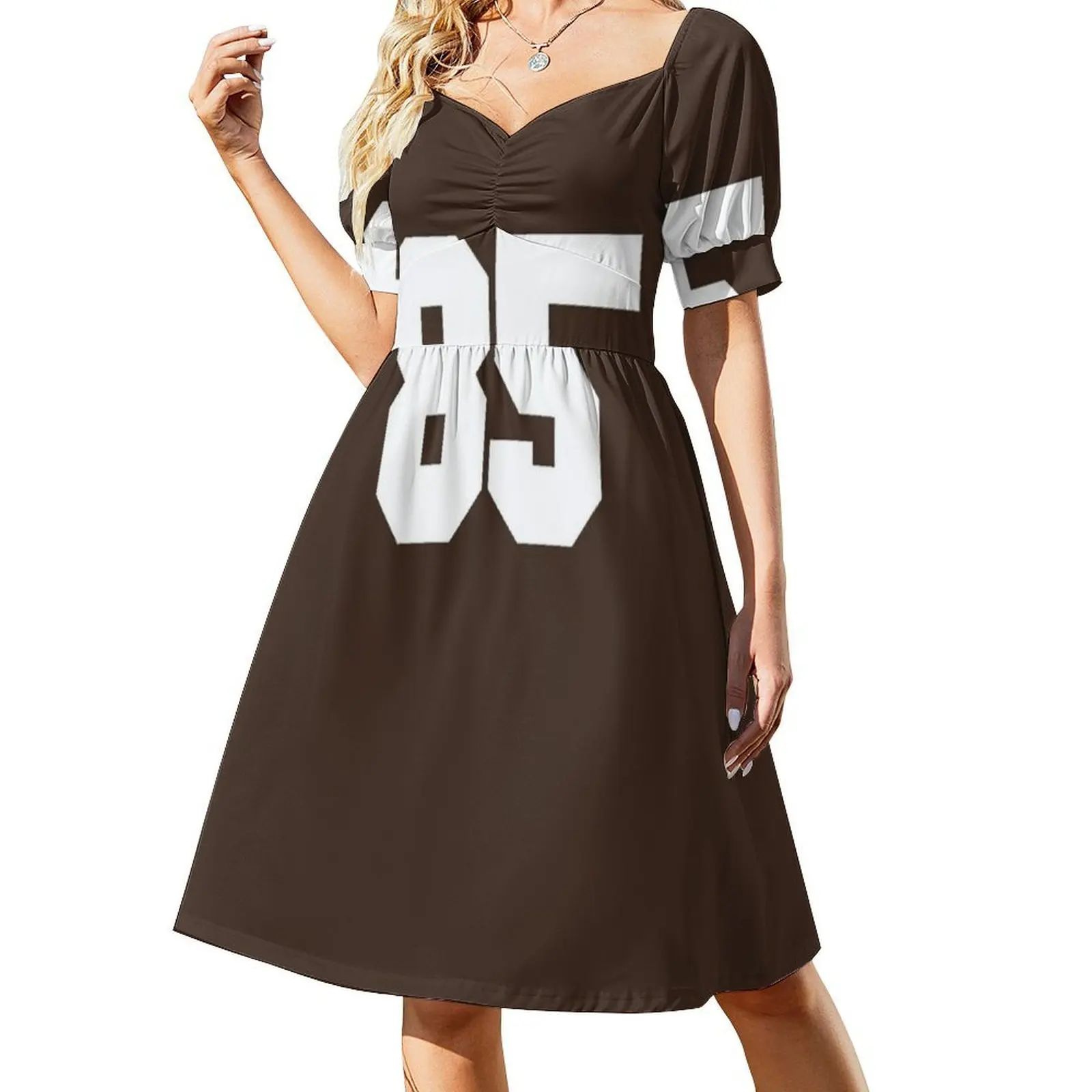 85 عدد الرياضة ثمانون خمسة براون جيرسي الأزهار سموك فستان للنساء الربيع الصيف فستان كاجوال للحزب عدد 85 الرياضة #2
