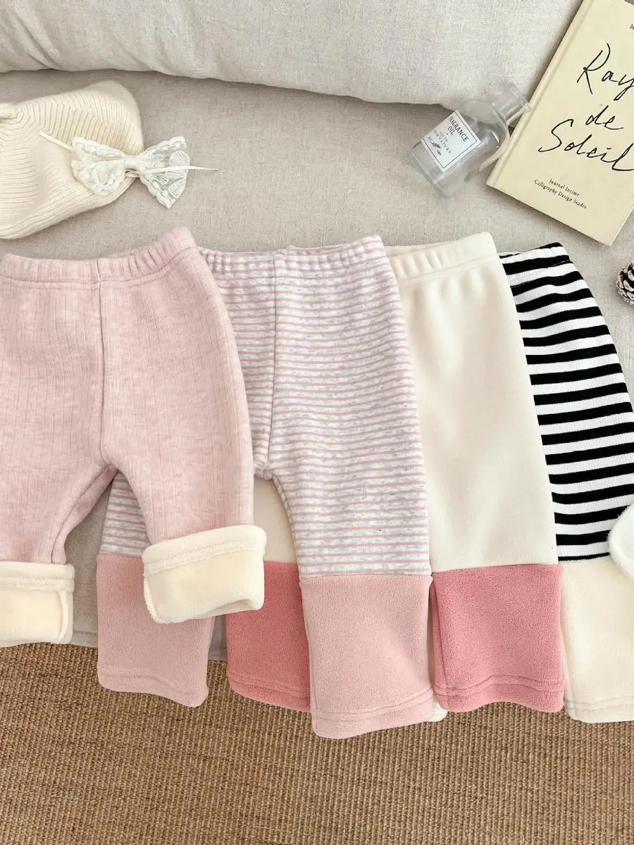 بنطلون نسائي كوري مبطن للشتاء، سروال دافئ للبنات الصغيرات مع تصميم عصري وألوان جذابة
