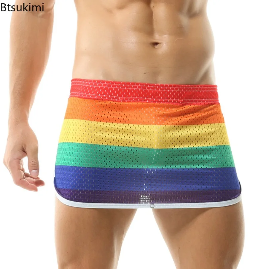 

New 2025 Men's Pajamas Skirts Breathable Mesh Elastic Underwear Boxer Shorts Sexy Homewear Men Sleep Bottoms Rainbow Underwear