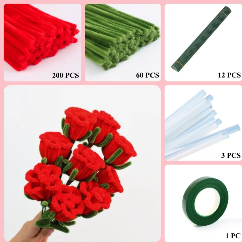

260 PCS * Pipe Cleaner Chenille Stems Handmade Rose Flower Making Kit DIY Art Flower Bouquet Craft Set Hot Glue Sticks Tape