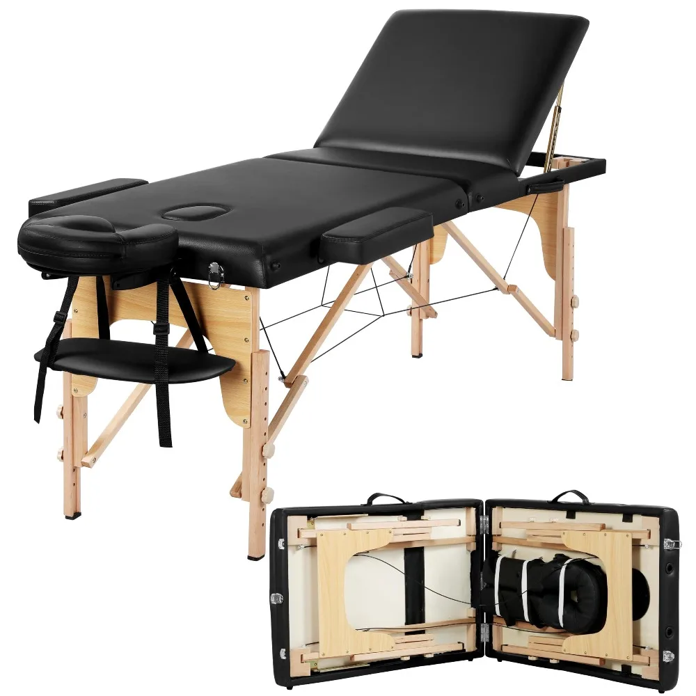 Massage Table Portable Folding Lash Esthetician Tattoo Bed, Black | Heavy-duty beech wood frame, 3-fold foam-padded PVC