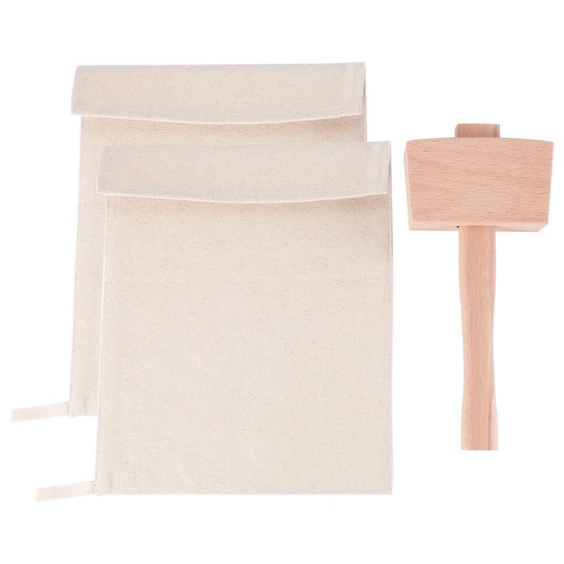 Pack Of 2 Lewis Bags And 1 Piece Ice Mallet Set-Reusable Canvas Crushed Ice Bags With Wooden Mallet For Home Party Bar