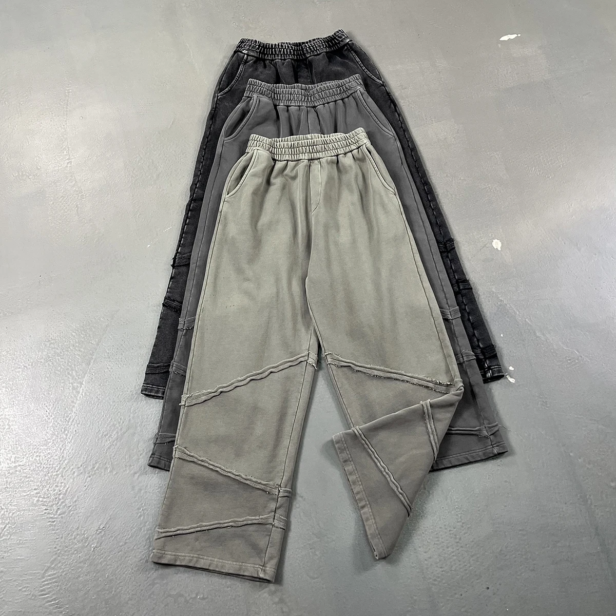 Autumn Winter Cotton Splicing Irregular Fraying Vintage Acid Wash Straight Leg Sweatpants Baggy Casual Distressed Joggers Men