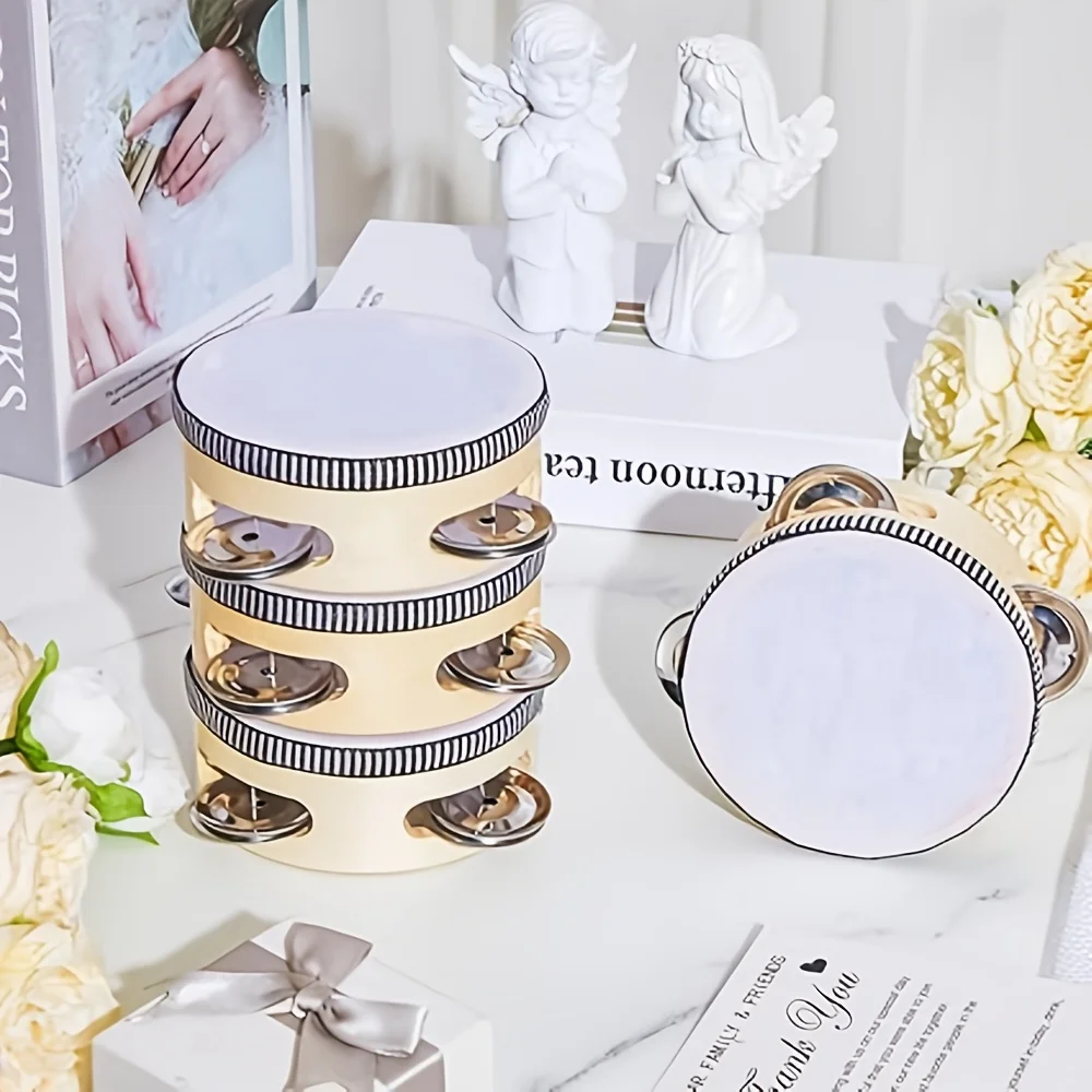 Kit de Percusión de Boda en Oro Blanco, 4 Piezas, Tambor de Mano para Adultos, Diseño a Rayas Negro y Dorado, Instrumento Musical Portátil para Bodas