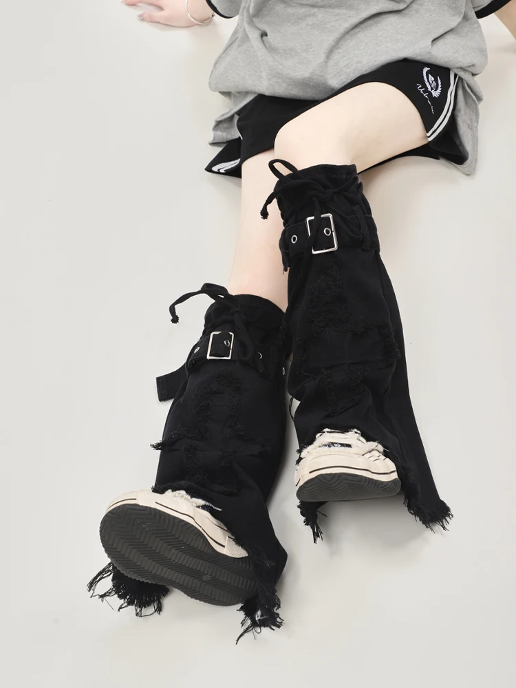 Summer American Retro High Street Punk Trendy Black Denim Leggings Women's Loose Belted Overalls Dyeing Process Pure Color