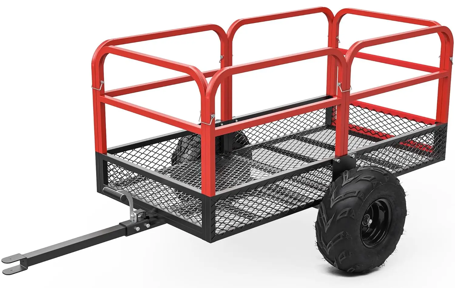 Trailer Dump Cart Tow Behind, Capacity 1500lbs, 15 Cu.Ft. Garden Yard Trailer, Black Mesh Bed&Red Heightened guardrails