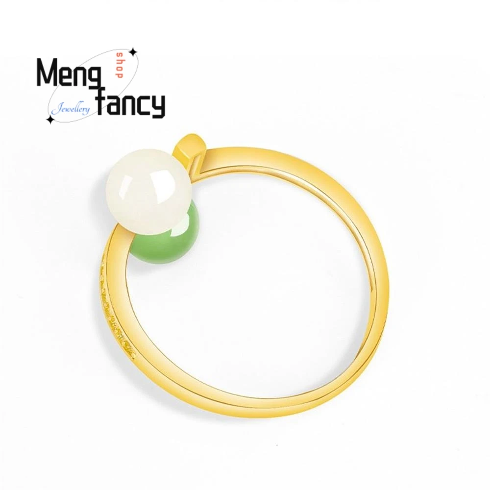 المواد الطبيعية القديمة Hetian اليشم حبة مستديرة خاتم ارتفع الذهب S925 الفضة مطعمة عالية الجودة المرأة مجوهرات الأزياء هدايا العيد