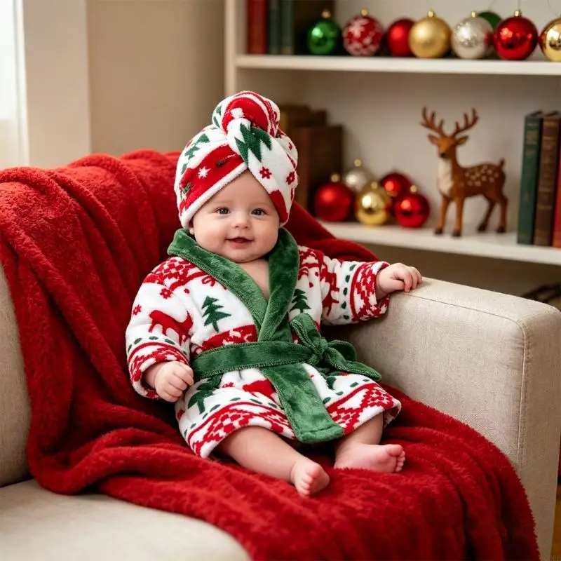 CORB Infant Christmas Photo Outfit Robe Set for 0-1 Month Baby, 2-Piece Holiday Look with Waist Tie for Portrait Use and Family