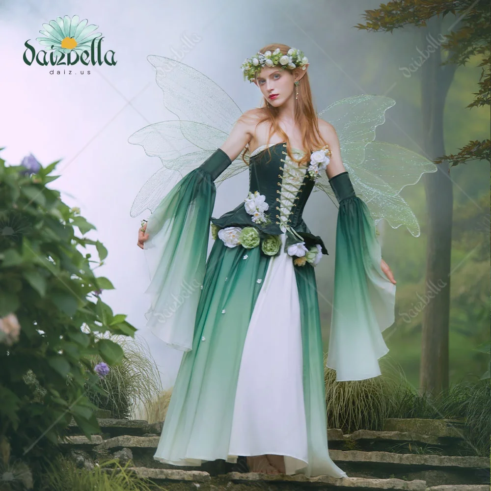 DAIZBELLA Damen Mittelalter Blumenfee Grün Farbverlauf Schlauchkleid Renaissance Fantasy Kostüm Außenkleid mit Ärmeln Halloween