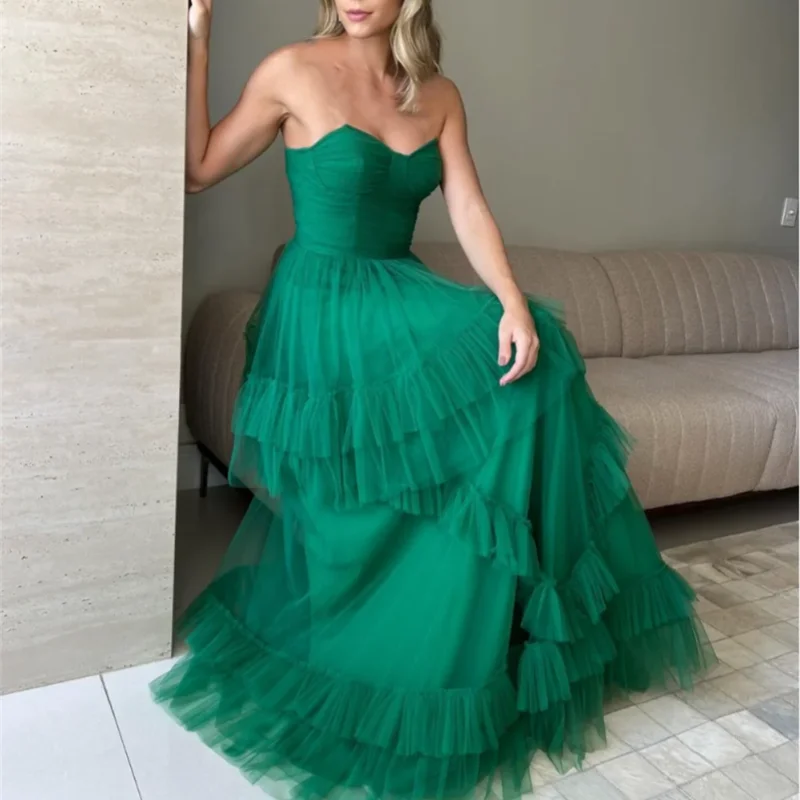 

Sexy strapless strapless evening gown Pleated tulle Cocktail formal gown floor-length ball gown