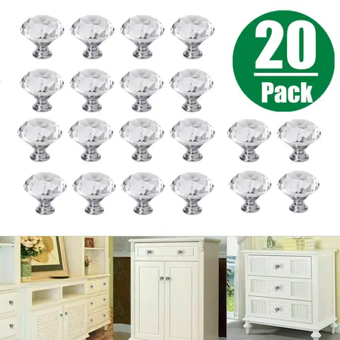 20Pcs/set 30mm Diamond Shape Design Crystal Glass Knobs Cupboard Drawer Pull Kitchen Cabinet Door Wardrobe Handles Hardware