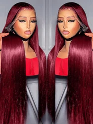 30 34 Inches straight 99J Burgundy 13x6 Hd Lace Frontal Human Hair Wigs Brazilian Red Colored Wigs Remy 250 Density For Women