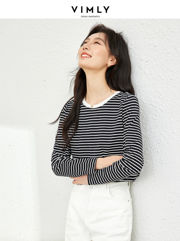 Vimly Black White Striped Basic Tees Women O-neck T-shirt Long Sleeve Top 2024 Spring Casual Pullovers Womans Clothes M5991