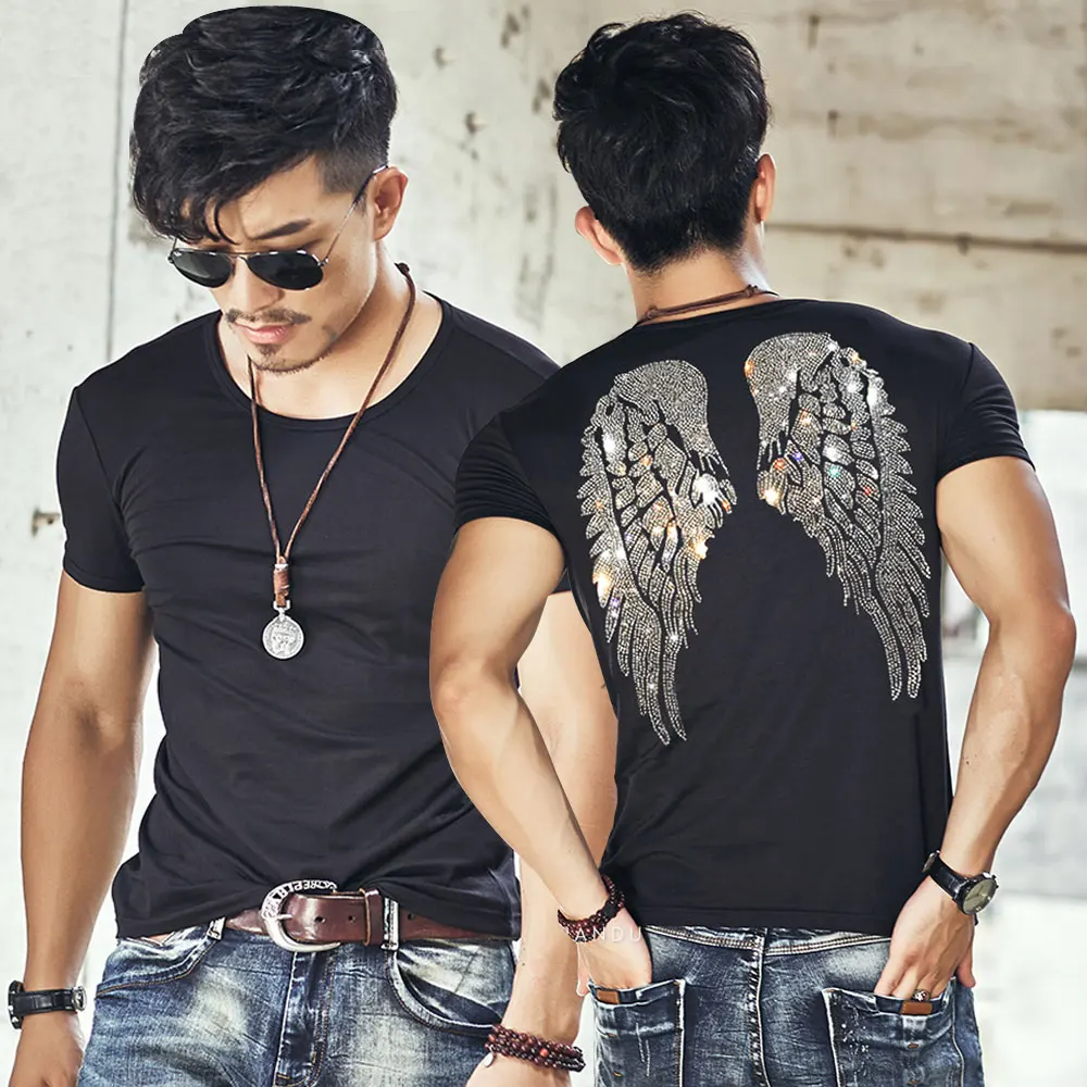 Rhinestone Wings Men\'s T-shirt Short Sleeve 2024 Summer Heavy Industry Hot Drill Social Tops Tees Male Clothing Unisex Tshirts