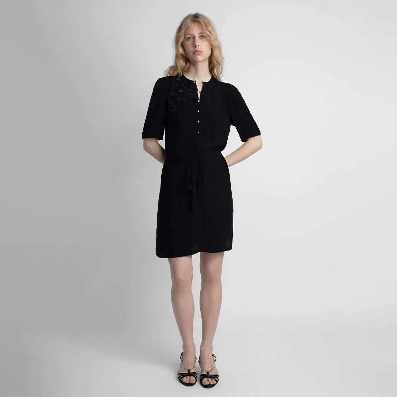 Zadig Woman Summer Dresses New Fashion Black Crew Neck Short Sleeve Dress Female Chic Diamond Blet Button Elegant Viscose Robes