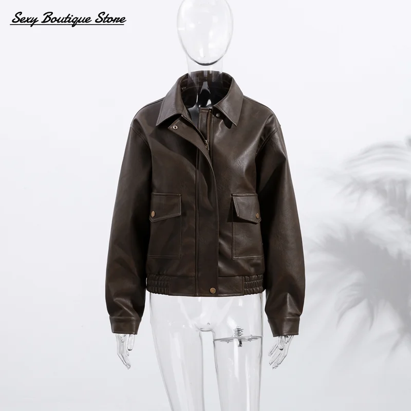 ผู้หญิงวินเทจหนังแจ็คเก็ตแขนยาวกระเป๋าหนังซิปCOMMUTER Outwears 2025 ใหม่Y2k Lady Streetwear