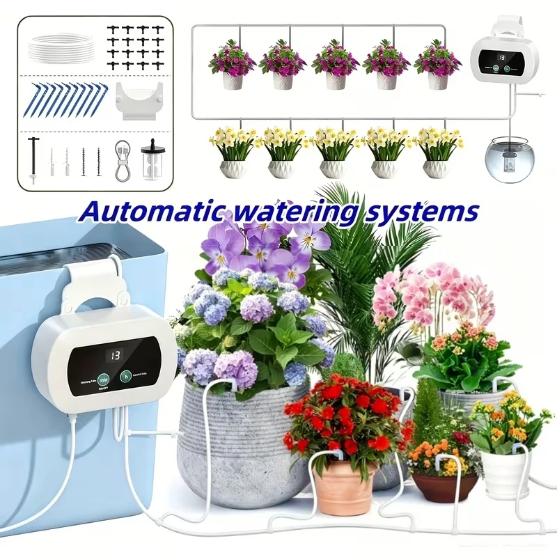Automatic Watering System with Custom Schedule Watering Timer USB Drip Irrigation System with 1800mAh Battery for Potted Plant